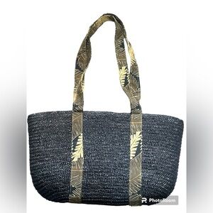 Black With Tropical Print Large Straw Beach/Summer Tote Bag